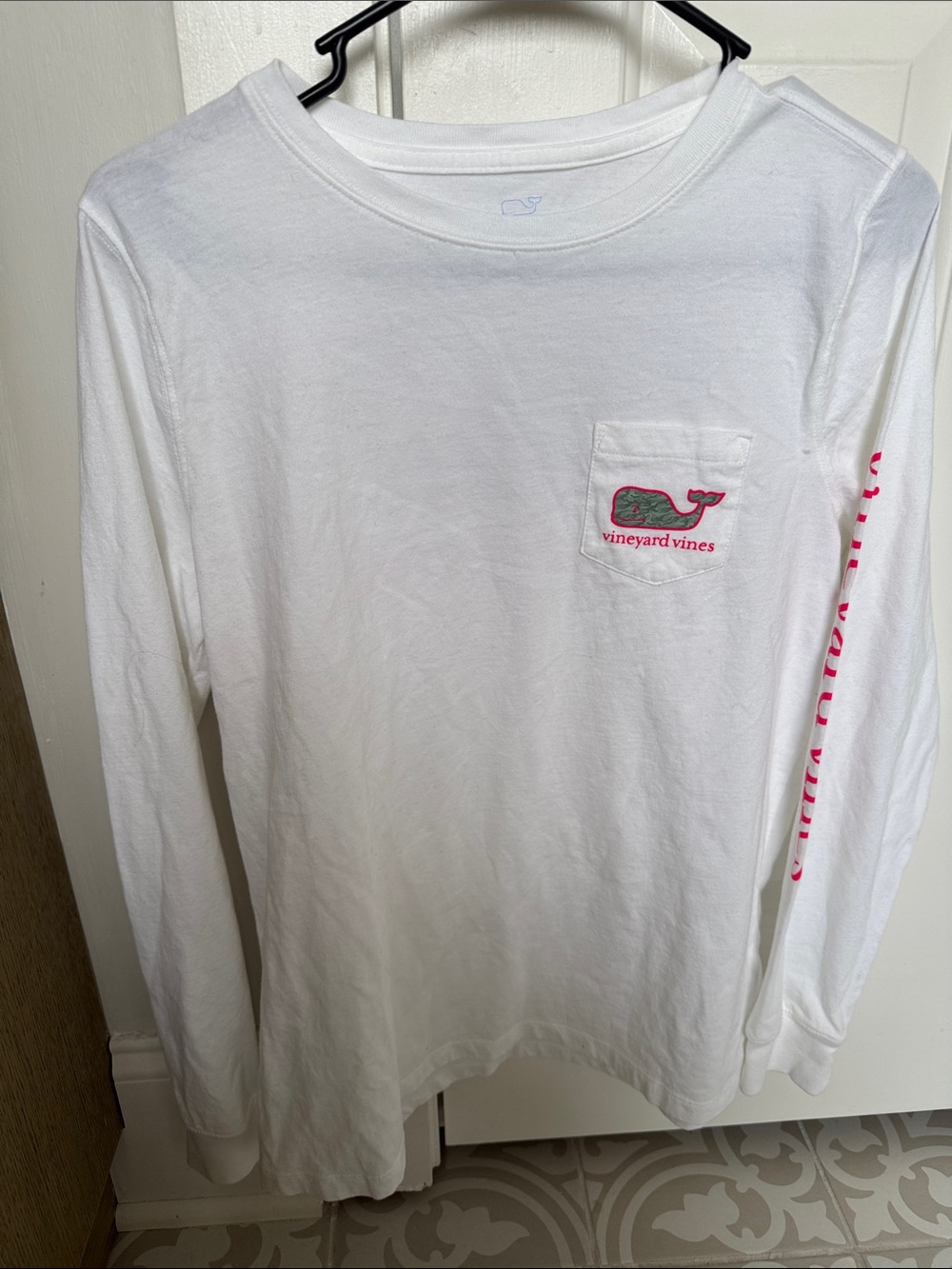 Vineyard Vines White Long-Sleeve Tee with Pink Whale Pocket.  Washed never worn
